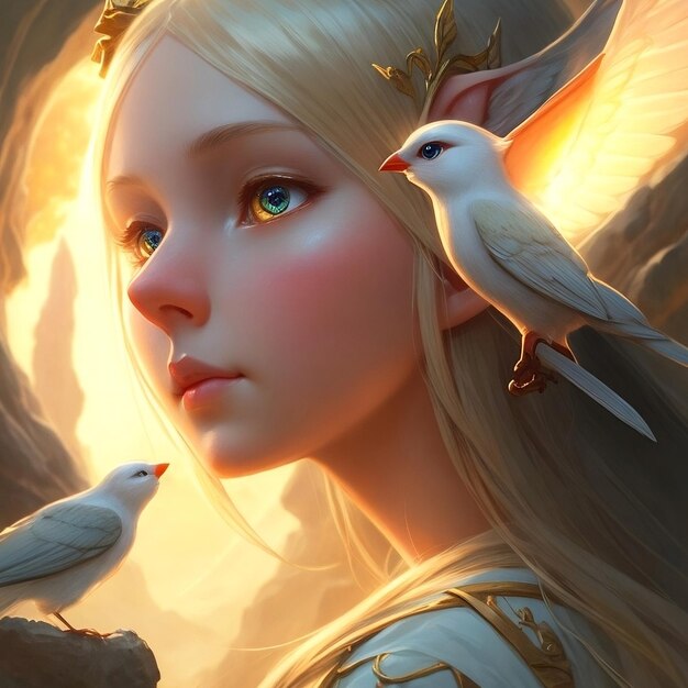 Beautiful little girl with white birds 3D Fantasy