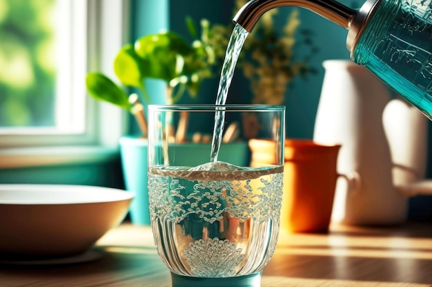 Photo in beautiful little glass flows water from tap