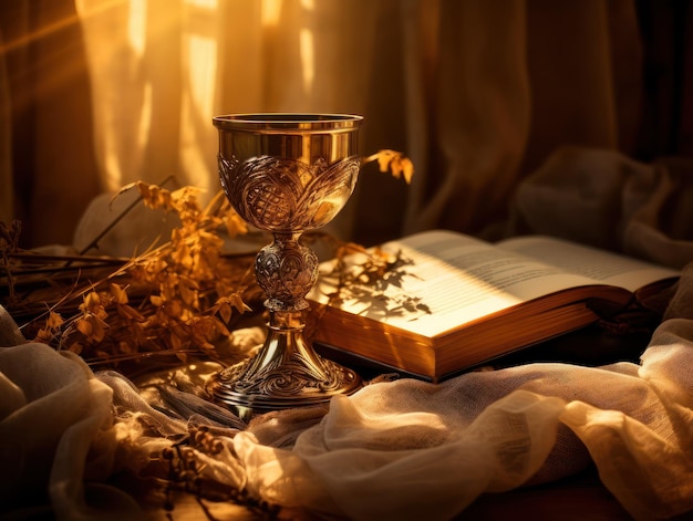 Beautiful liturgy objects gold chalice and open book Bible warm soft light background Eucharist