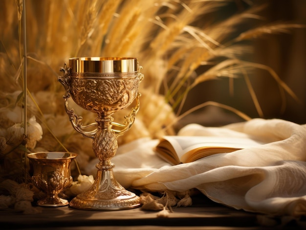 Beautiful liturgy objects gold chalice and open book Bible warm soft light background Eucharist