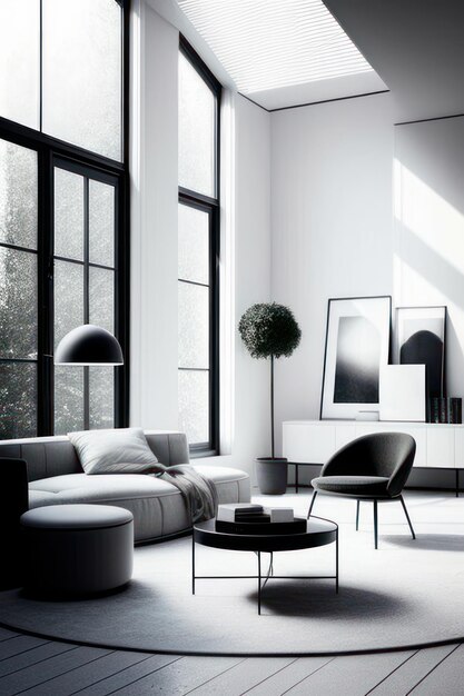 beautiful living room in black and white with luxurious furniture