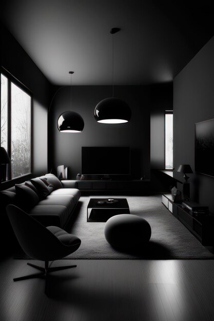 beautiful living room in black and white with luxurious furniture