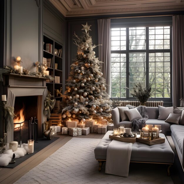 красивая гостиная, украшенная к Рождеству Сгенерировано AI