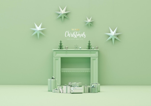 A beautiful living room decorated with pastel green fireplace, gift box for christmas background