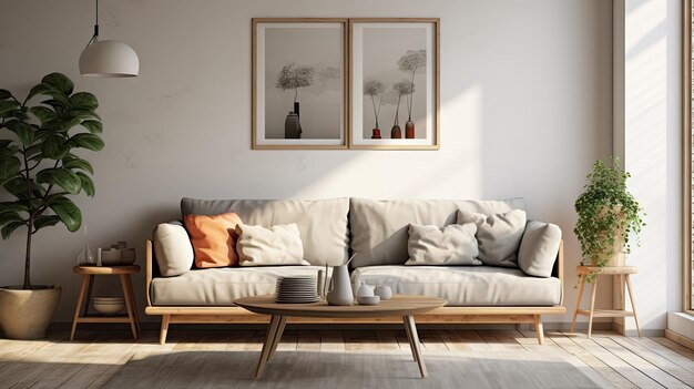 Красивый интерьер гостиной с серым скандинавским диваном, деревянной мебелью и подушками