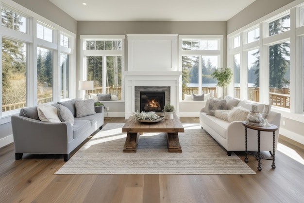 Beautiful living room interior with hardwood floors and fireplace in new luxury home