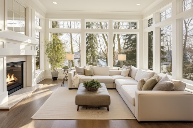 Beautiful living room interior with hardwood floors and fireplace in new luxury home