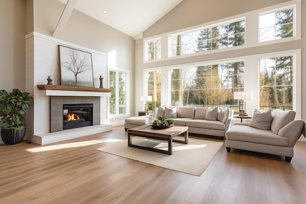 Beautiful living room interior with hardwood floors and fireplace in new luxury home