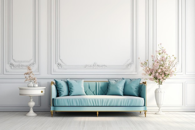 A beautiful living room interior with a vintage sofa placed in front of a white wall The room has a