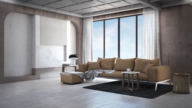 Beautiful living room in modern home with double vanity, sofa,
table, side table, and tile floor in scandinavian style