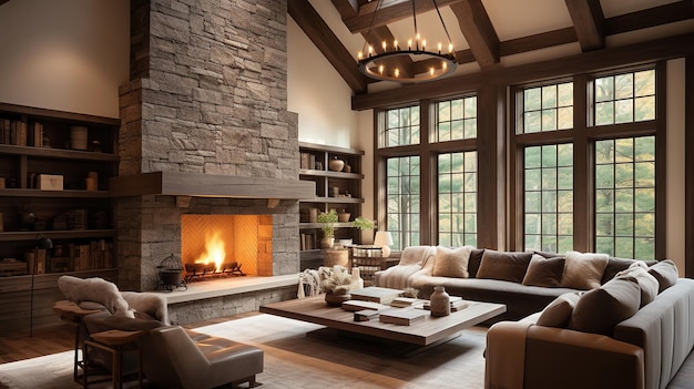 Beautiful living room in new traditional luxury home Features stone accents vaulted ceilings and fireplace Generative AI