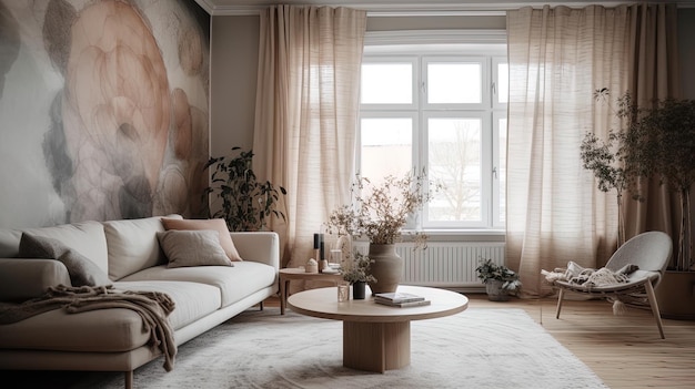 Красивая гостиная с креслами и большим окном в коричневых тонах
