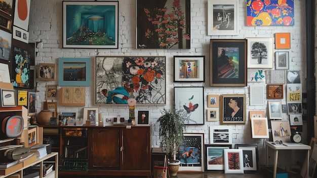 Photo a beautiful living room with a brick wall wooden cabinet and a variety of paintings and artwork on the walls