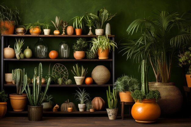 Photo a beautiful living room with a green wall and many plants on shelves