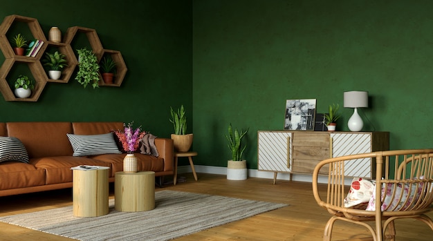 Красивая гостиная с кожаным диваном и деревянным буфетом рядом с ним, 3d рендеринг