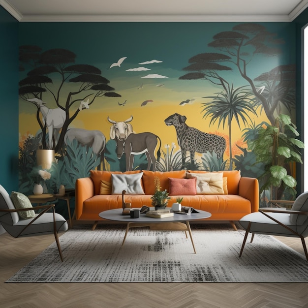 Beautiful living room with wall mural animal wallpapers AI Generated art