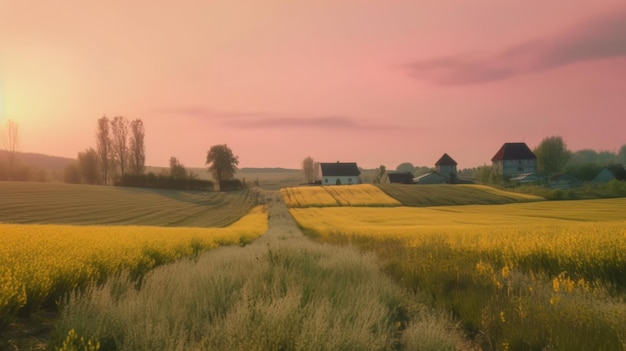 Beautiful local farm with sunset in the countryside field Generative AI