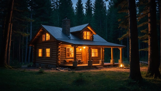 Foto bella capanna di legno in una clearing forestale notte caldo bagliore che emana dalle finestre caldo co