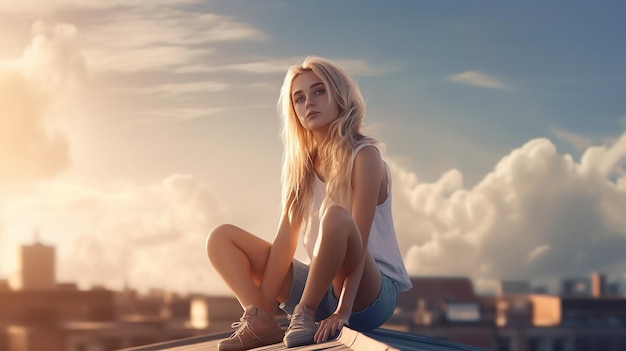 beautiful lonely girl sitting on the roof