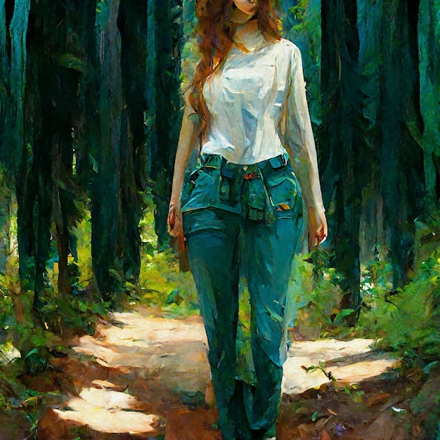 Beautiful lonely girl in white shirt blue jeans oil paint