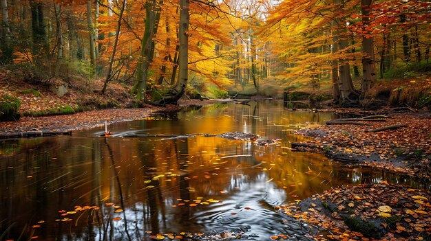 A beautiful long exposure shot of a river flowing through a forest in the fall