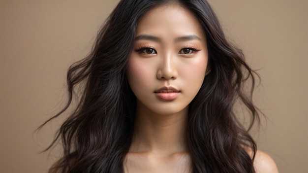 beautiful long hair korean woman wearing make up