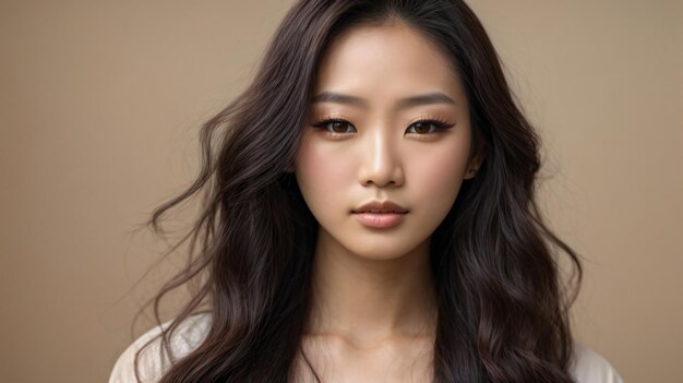 beautiful long hair korean woman wearing make up