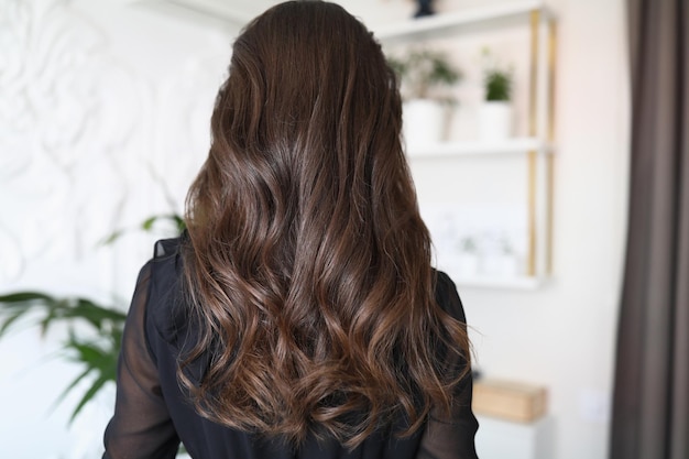 Beautiful long hair of a young brunette woman back view young woman in black chiffon dress