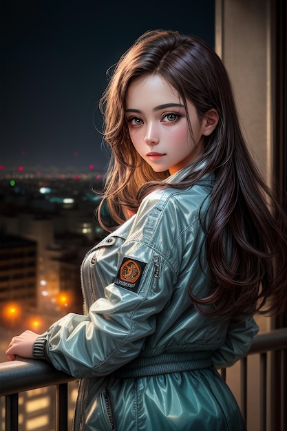 Beautiful long haired woman in a jacket standing on the balcony at night