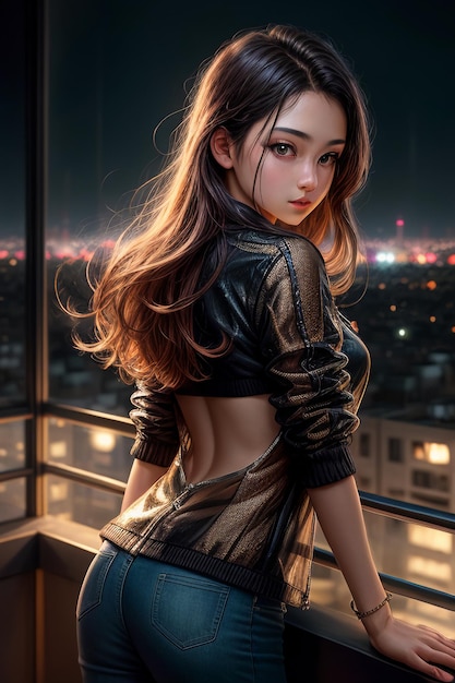 Beautiful long haired woman in a jacket standing on the balcony at night