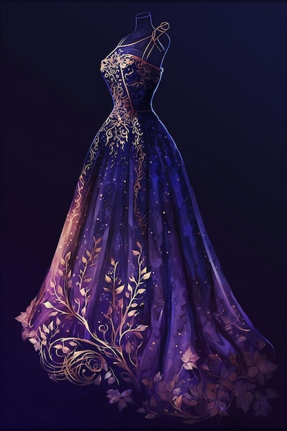 Beautiful long purple dress on dark baclground