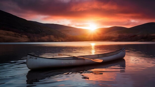 Beautiful long shot of a canoe on a lake near stone hills during sunset