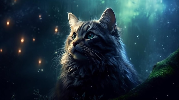 Beautiful longhaired cat on a background of magical firework