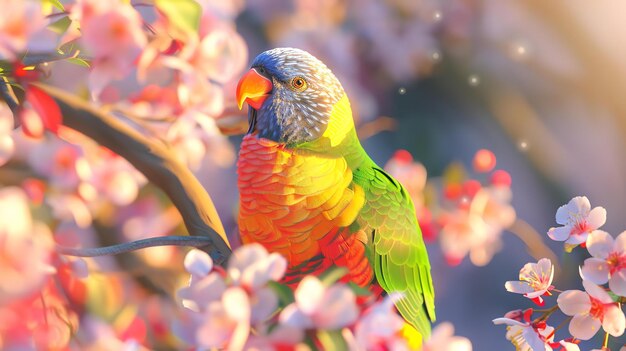 Foto un bellissimo lorikeet si siede su un ramo di un albero in fiore le piume brillanti degli uccelli sono un abbinamento perfetto per i fiori delicati