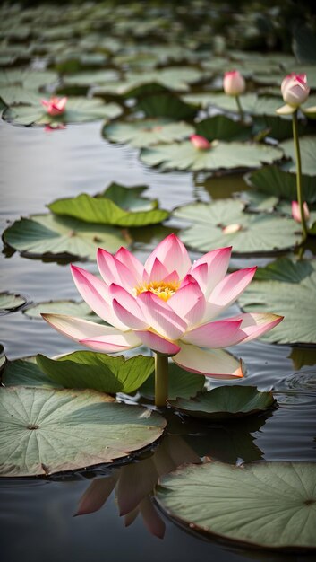 A beautiful lotus blooming at a lake