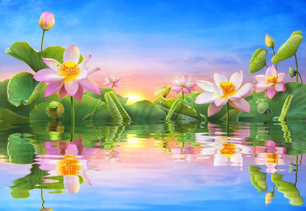 Photo beautiful lotus flower blooming reflection water as the sunrise.