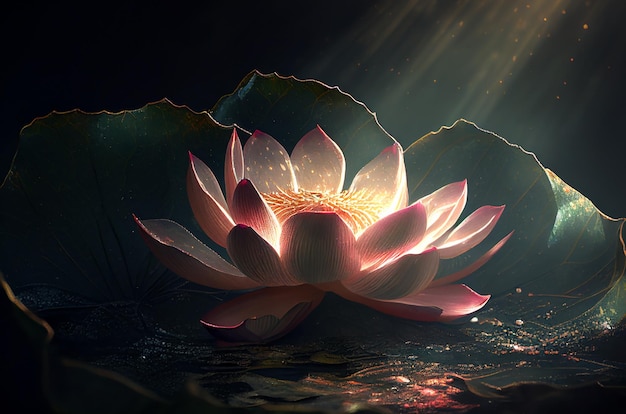 Beautiful lotus flower or water lily and leaves in a pond with sunlight and sunshine in the morning generative ai