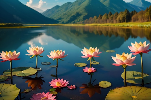 Beautiful lotus water surface pond Chinese flower pink lotus lotus root wallpaper background