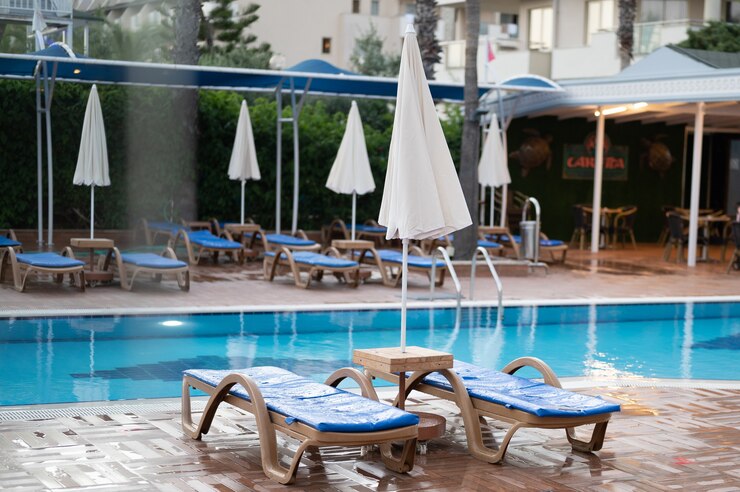 Beautiful lounges near the pool in Greece. High quality photo