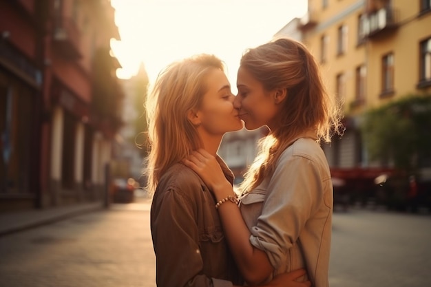 Beautiful loving young lesbian couple kissing in the middle of the street