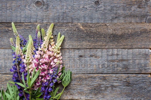 Beautiful lupine flowers on wooden background Copy space.