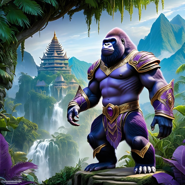 A beautiful lush fantasy landscape and coming across a majestic sighta towering purple gorilla Th