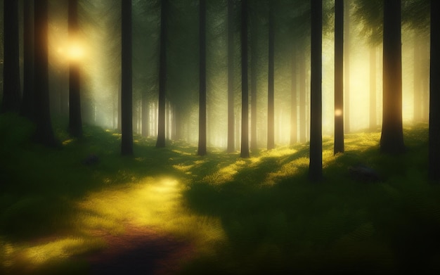 Красивый пышный лес с светло-зеленой травой, соснами, солнечными лучами