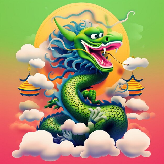 Photo beautiful lush green dragon fluffy pink and white clouds ai generated