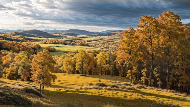 秋の谷の美しい緑豊かな風景