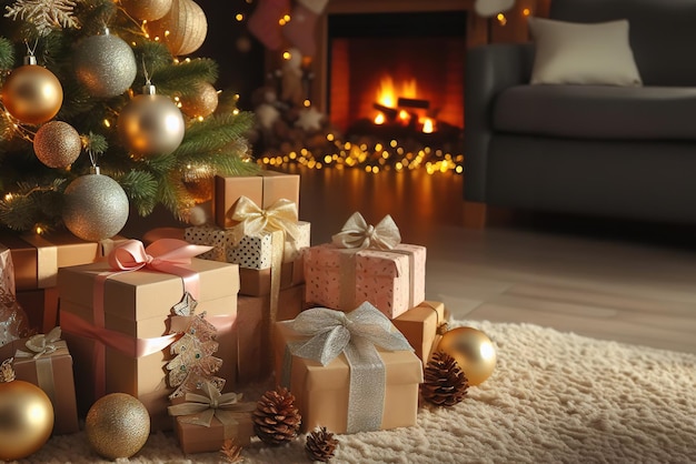 クリスマスツリーのクローズアップで部屋の床に美しい豪華なクリスマスプレゼント