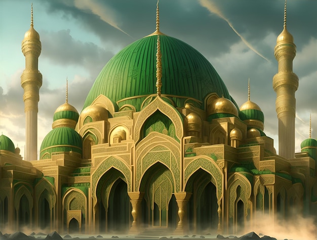 beautiful and luxurious mosque building dominant colors green and gold AI generated