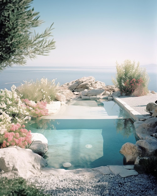 Foto splendido e lussuoso esterno della casa estiva in riva al mare con acqua cristallina della piscina e piante