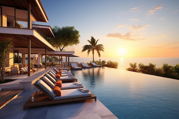 A beautiful luxury beach front villa with an outdoor pool sunset