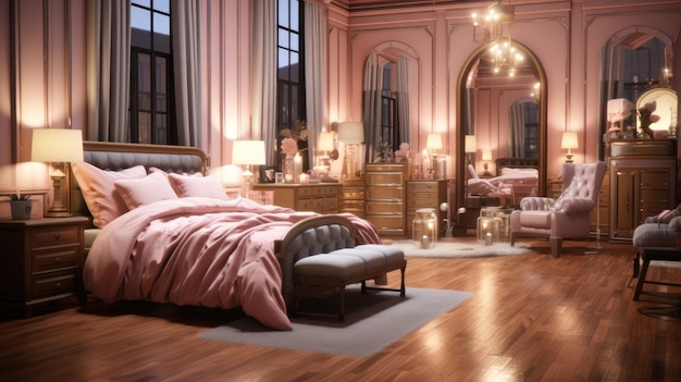 Beautiful luxury bedroom interior HD 8K wallpaper background Stock Photographic Image